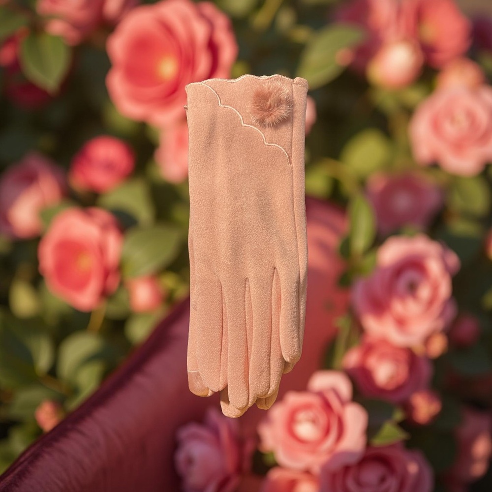 B033  2/$30  Blush Pink Scalloped  Fur Pom Elegant Romantic Vintage Gloves
